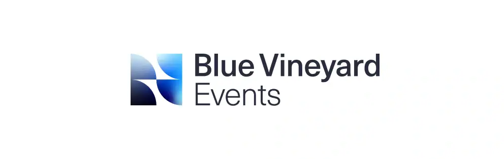 Blue Vineyard Events logo with blue and white abstract design.